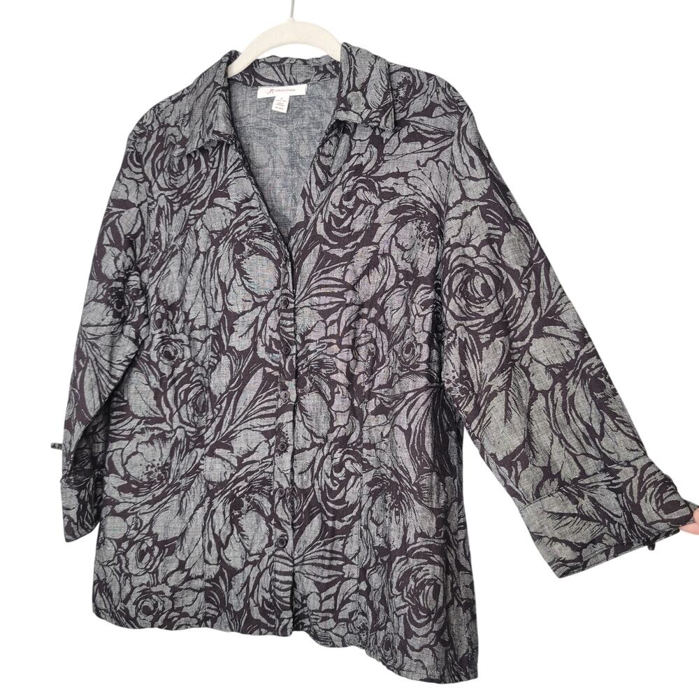JM Collection Linen Jacket Women's Size 10 Black‎ Gray Dark Floral Button Front